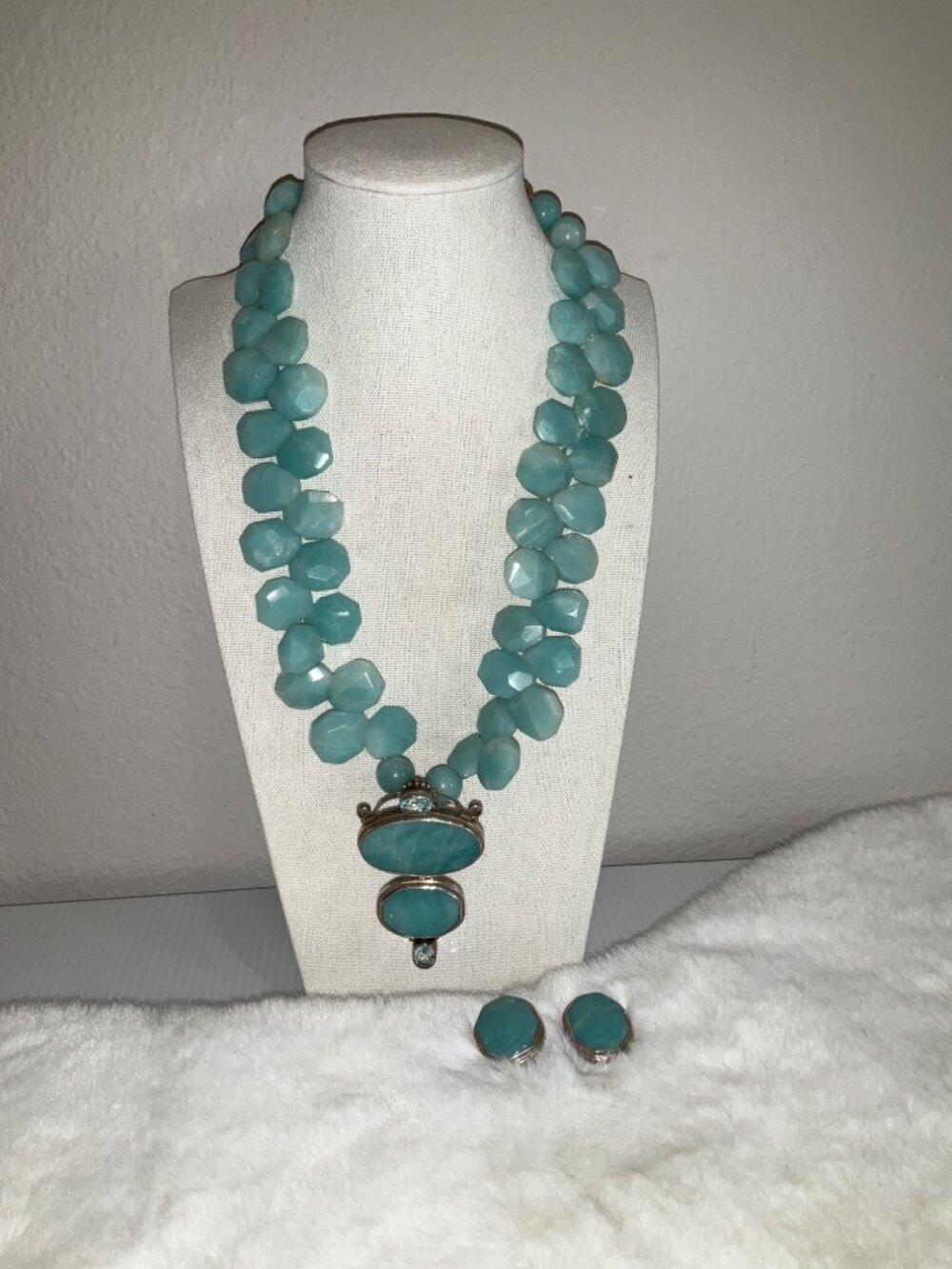 Vintage Chunky Gemstone Necklace & Earring Set With Silver Accents
